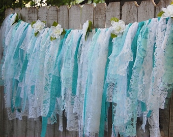 Lace Rag Banner, Aqua, White, Rustic, Shabby Chic, Boho, Burlap, Lace Garland, Wedding Garland, Tattered, Turquoise, Fabric, Photo Backdrop
