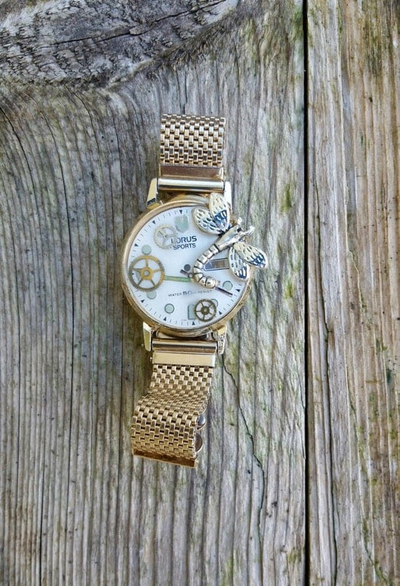 Steampunk Ladies Dragonfly Bracelet; Upcycled Vintage Men's Watch & Watch Cogs by MissMaisiesWeeShop steampunk buy now online
