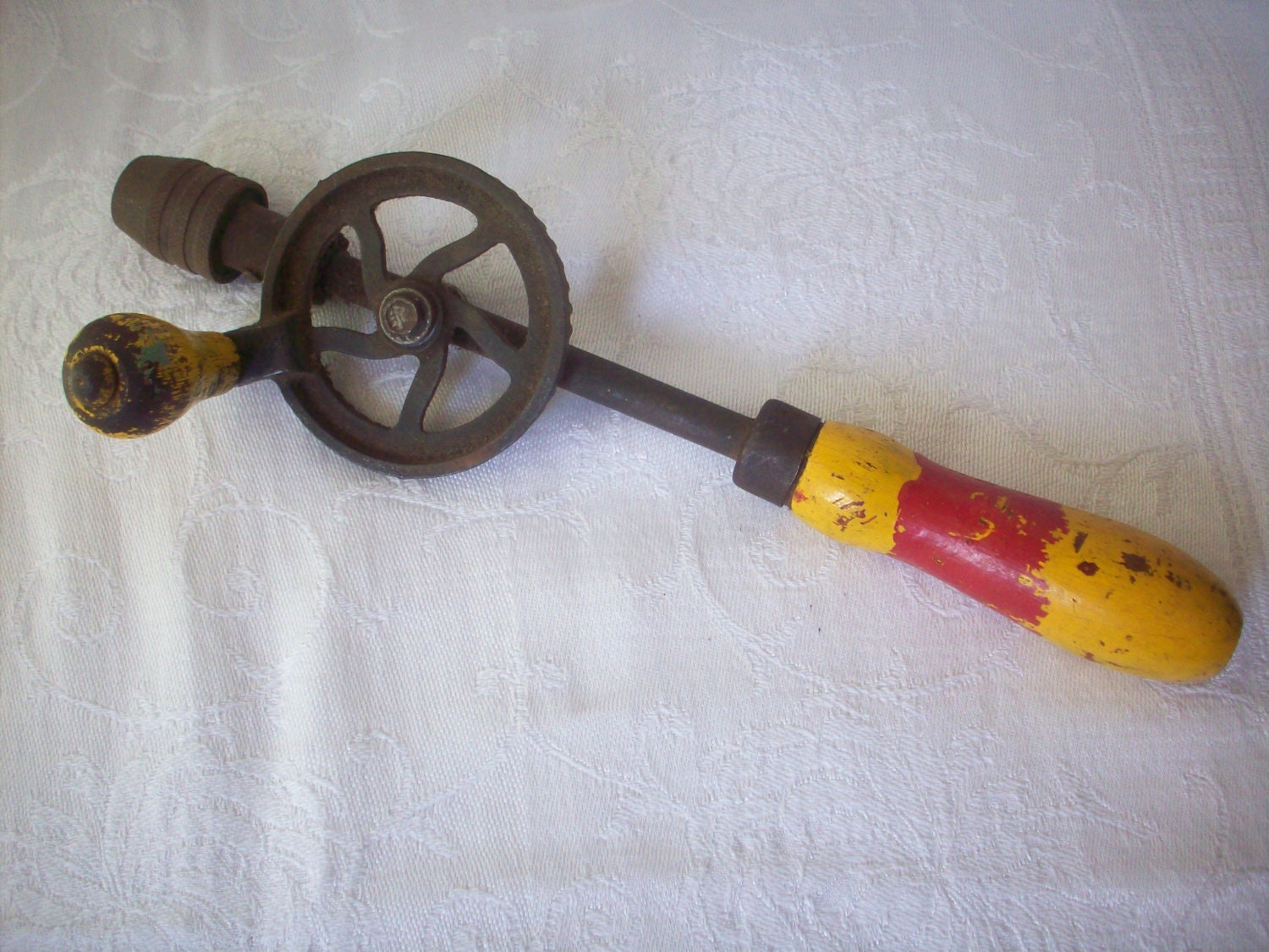 Vintage Hand Crank Drill with Wooden Handles