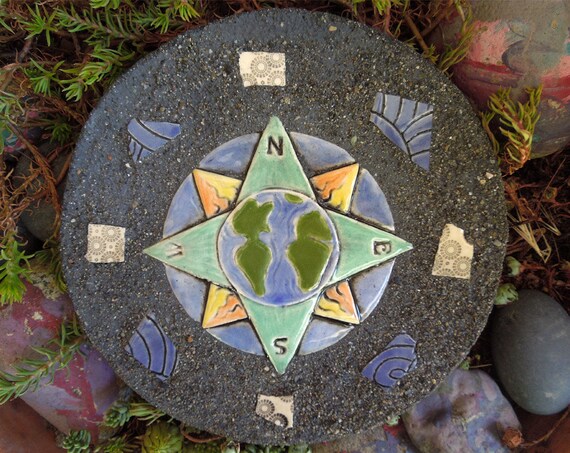 Mosaic Garden Stone Paver With Earth Globe Compass Rose