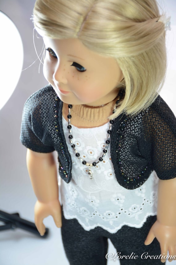 4 or 5 Piece Outfit Black Sparkle LEGGINGS Pants,TANK,Lacy Shrug Jacket, Necklace,SHOES Boots Options for American Girl or 18 Inch Doll