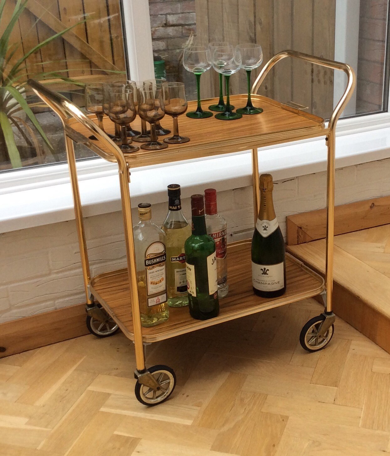 Bar cart rolling drinks trolley mid century modern brass and
