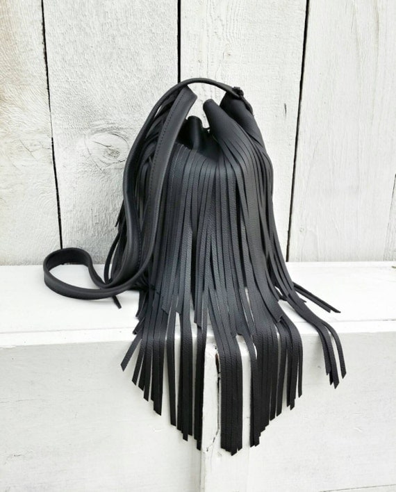 Black Leather Fringed Purse / Black Leather by RusticMoonLeather