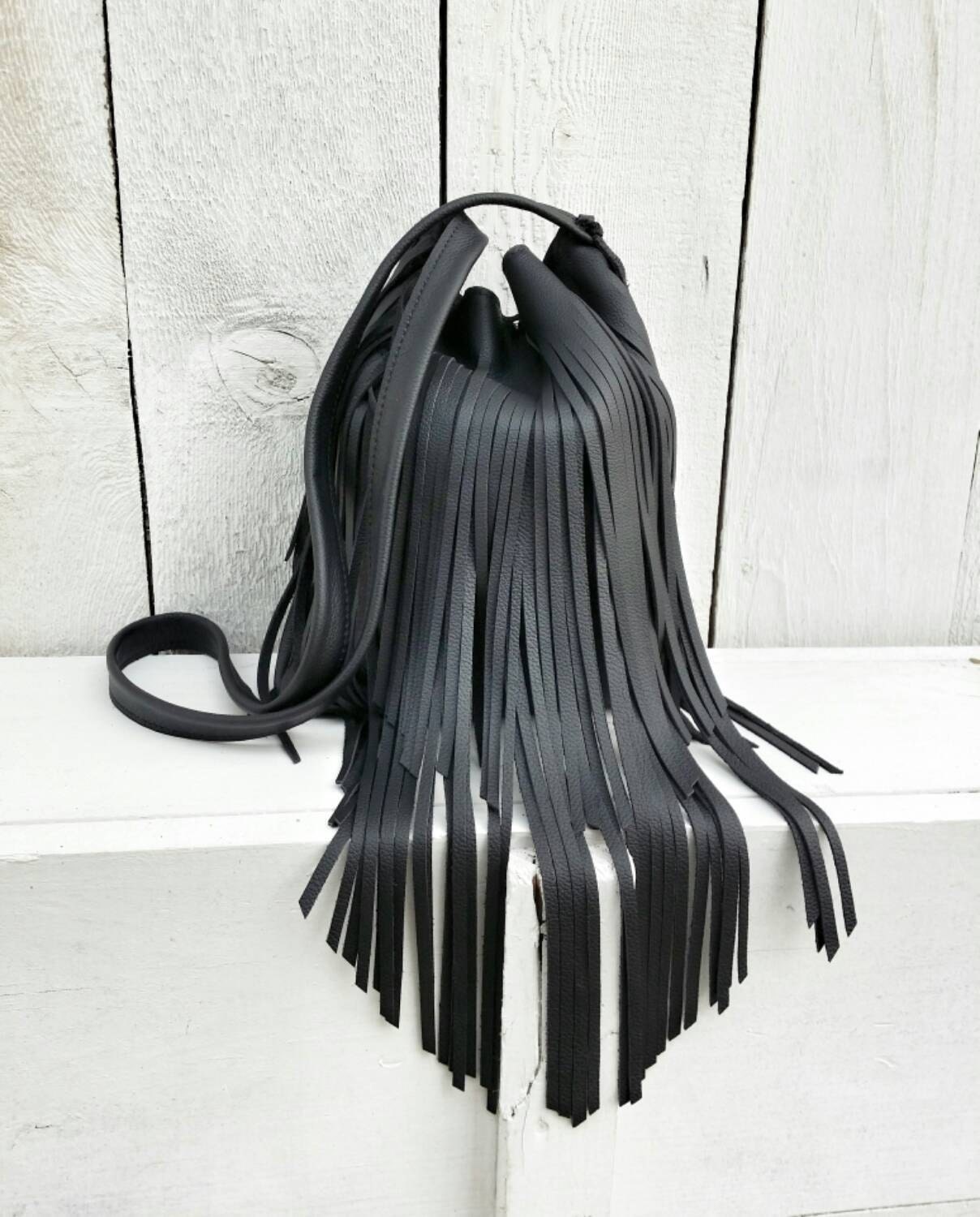 Boho Black Leather Fringed Purse / Black by RusticMoonLeather