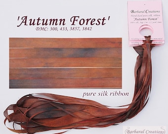 Hand dyed 13 mm wide pure silk ribbon, soie de ruban - 'Autumn Forest'