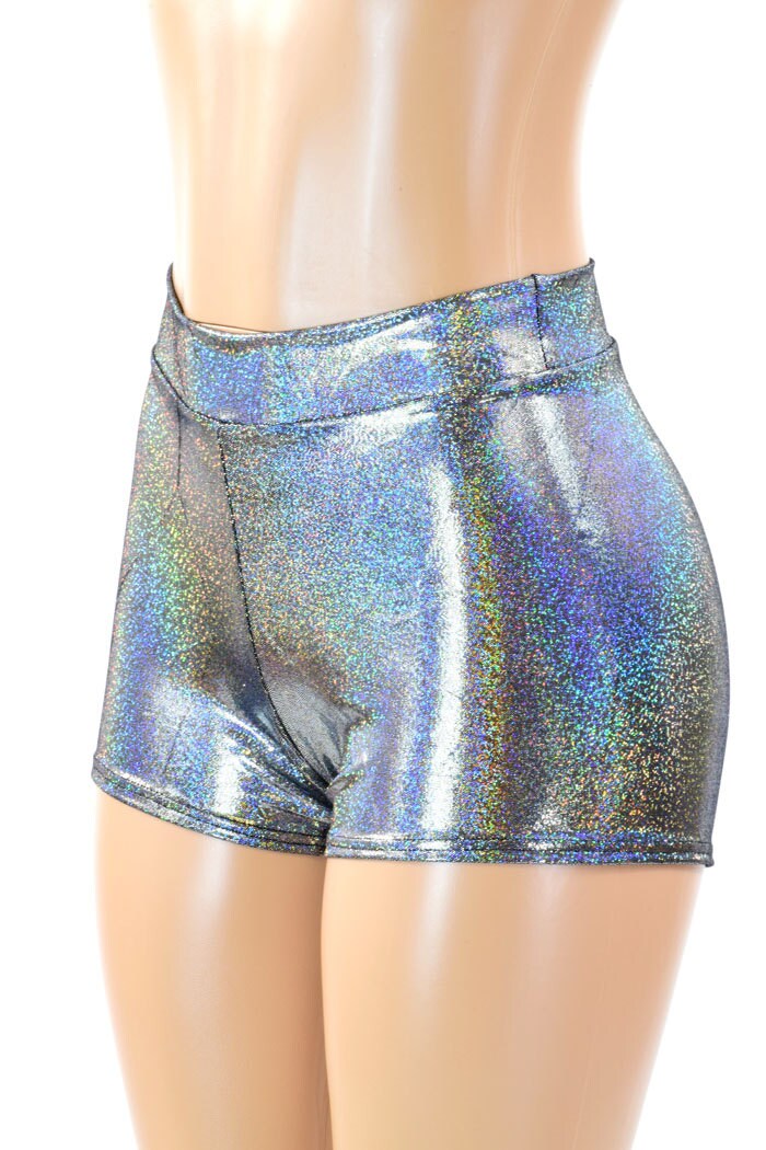 Silver Metallic Mid Rise Holographic Spandex Booty Shorts Rave