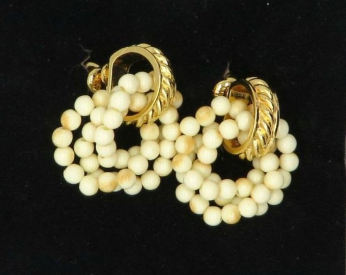 Vintage Avon Earrings, Faux Pearl Hoops, Dangling Bead Earrings, Gold Tone Clip on Earrings
