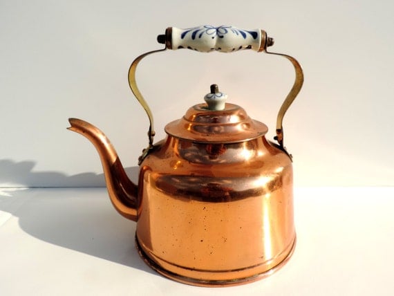 French Vintage Copper And Brass Teapot With Ceramic