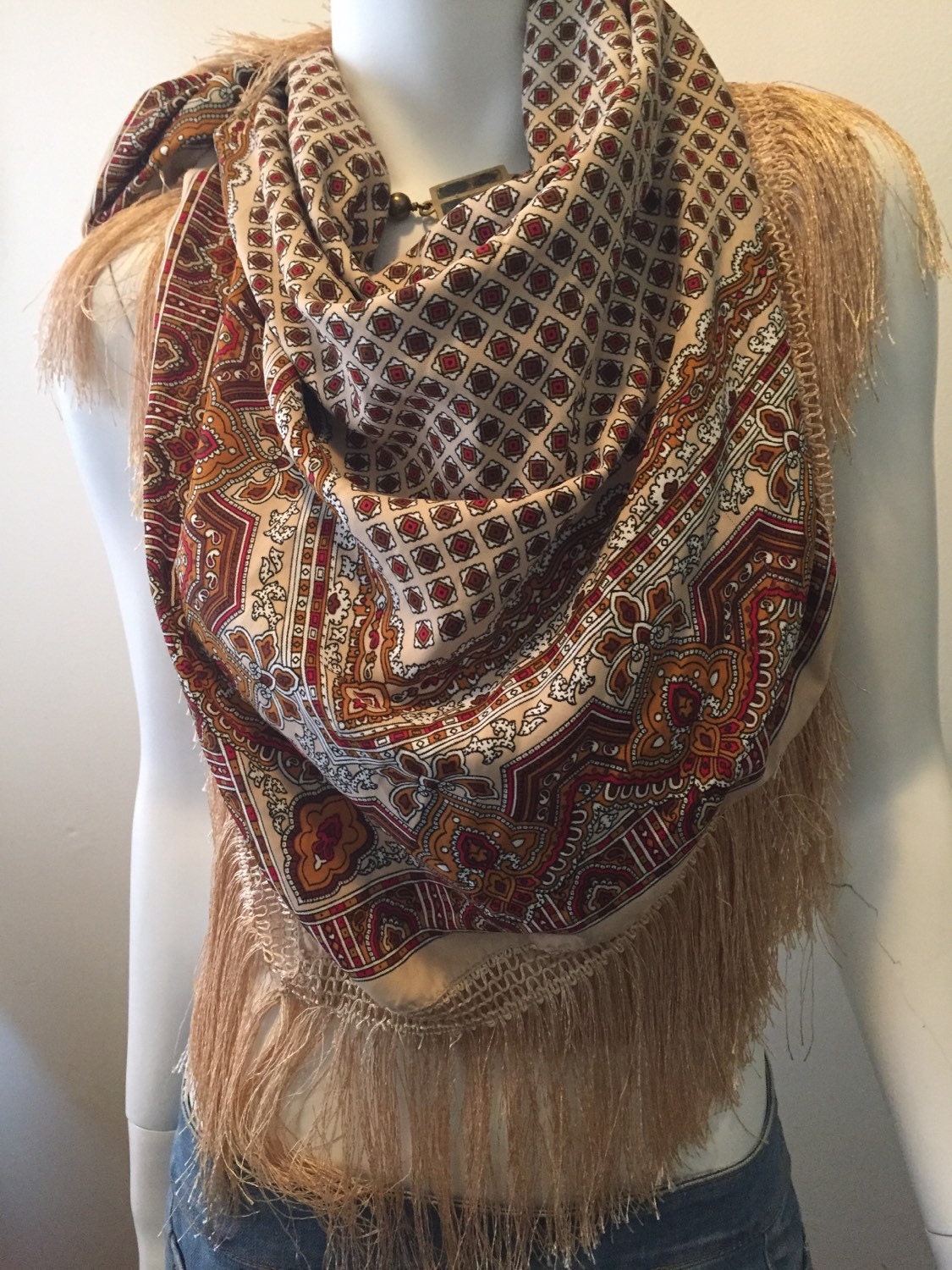 Vintage large fringe scarf wrap classic foulard pattern boho