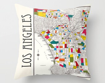 Los Angeles Throw Pillow - Street Map - retro - colorful , Hollywood, Beverly Hills, decor, travel, den, dorm, bedroom