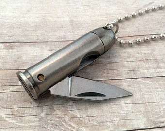 Bullet Knife Pendant Necklace Silver .44 Magnum Bullet Casing Knife Necklace Knife Charm Bullet Necklace Jewelry Miniature Folding Knife