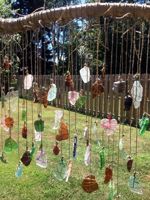 Sea Glass Suncatcher Whimsical Pottery Bohemian Decor Beach Glass Mobile Hanging Driftwood Beach 8463