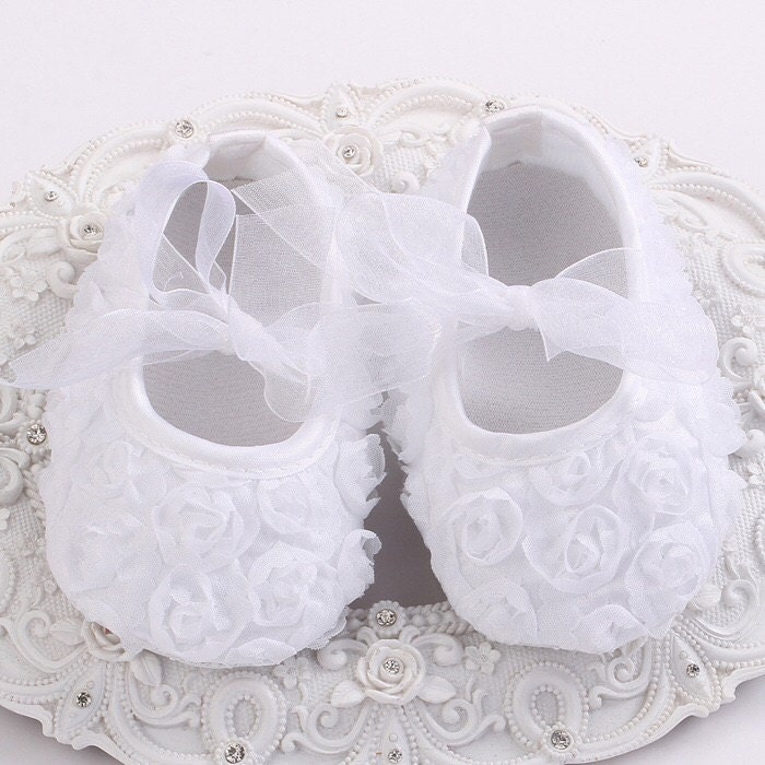 Baby Shoes Baby Girls White Rosette Shoes by NordeensBabyCouture