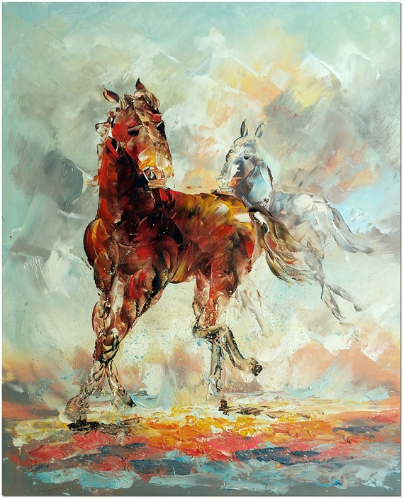 Running Horses Signed Hand Painted Impressionist Horse Oil