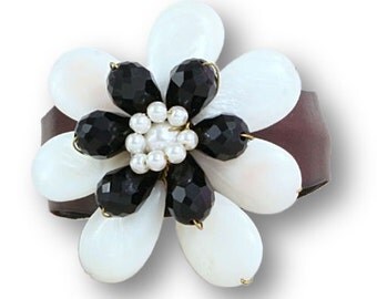 Leather Cuff Bracelet for Women, Decorative Cuff Bracelet, Black and White Cuff, Floral Cuff Bracelet, Wired Cuff, Brown Leather Cuff