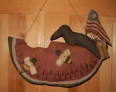 Watermelon slice with crow, bees, and flag prim doorhanger - 16 x 11" not including wire hanger -  Ready to Ship