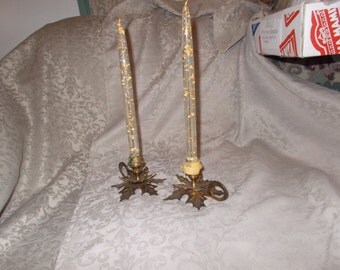 Brass Vintage Pair Leaf Design Candle Holders With Acrylic Candles with Gold Flakes (1212)