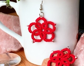 Tatted Red Flower Dangle Earrings