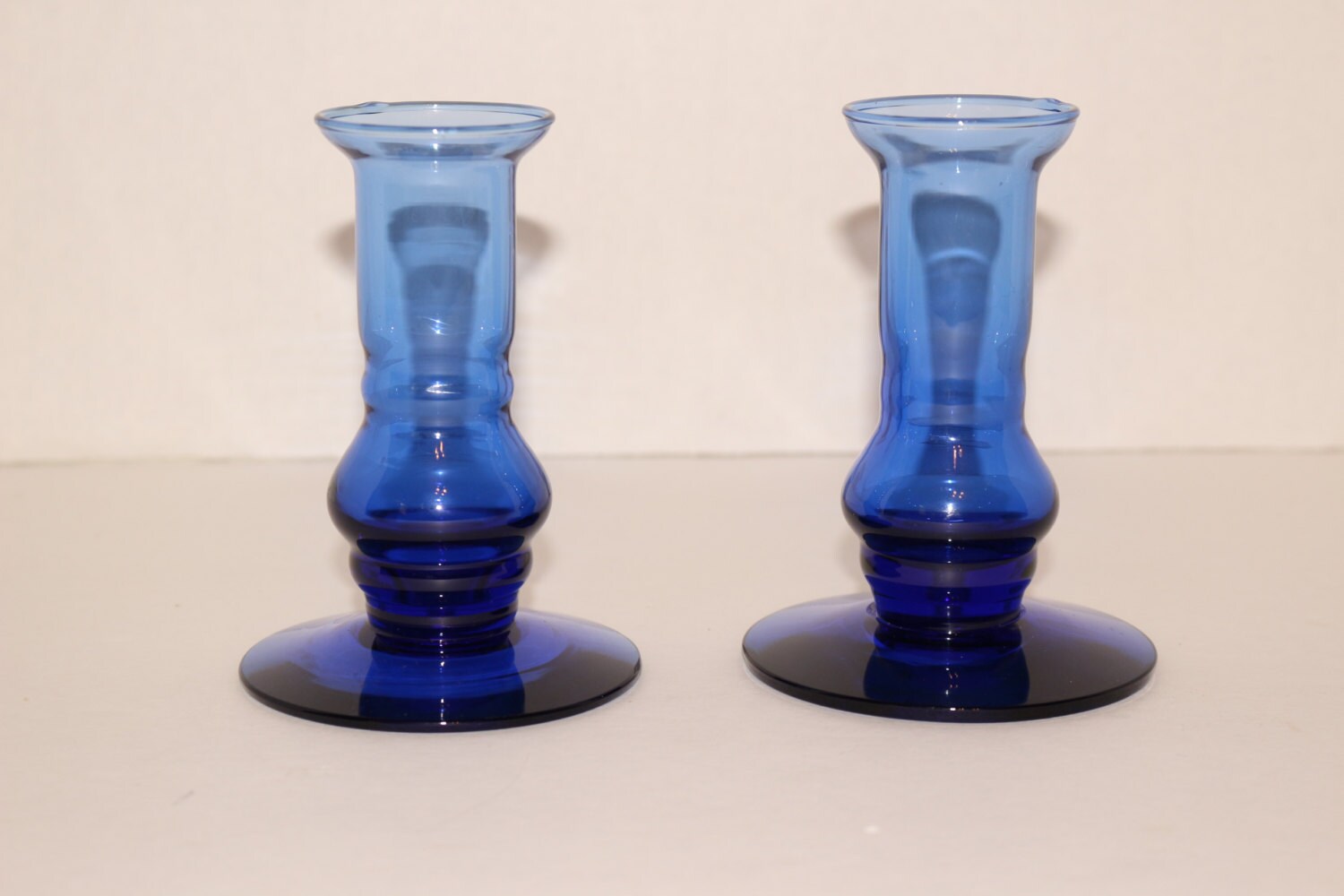 Vintage Sapphire Cobalt Royal Blue Glass Candle Holder Set