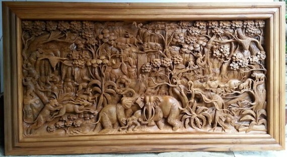 Large carved teak wood wall art decor 3D panel with beautiful