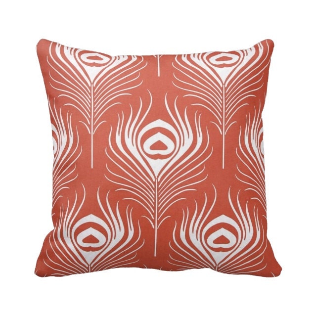 Zippered Paprika Peacock Feather Throw Pillow Cover by Primal