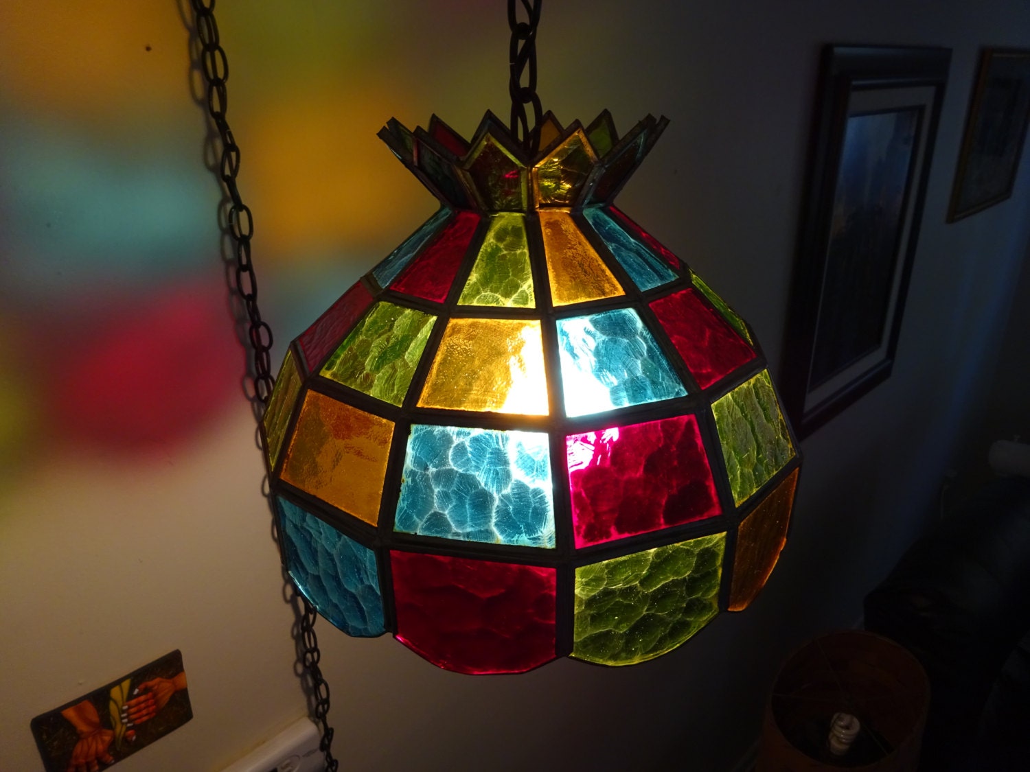 Vintage Parlor Style Multi Colored Stained Glass Hanging Swag Lamp