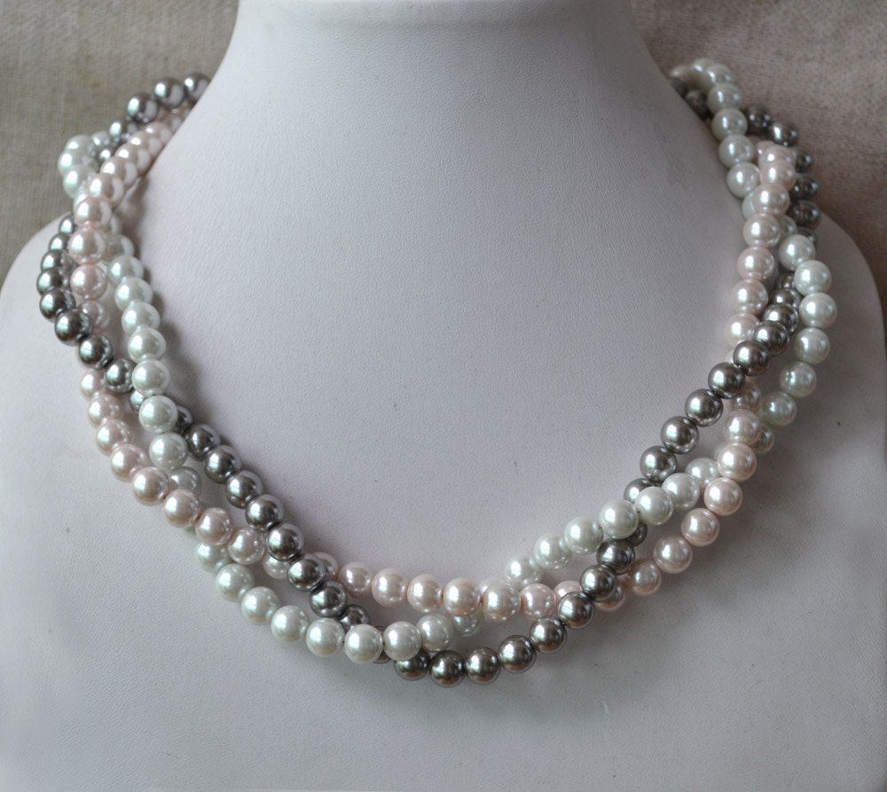 white pink gray pearl necklace mixed color pearl by goodglasspearl