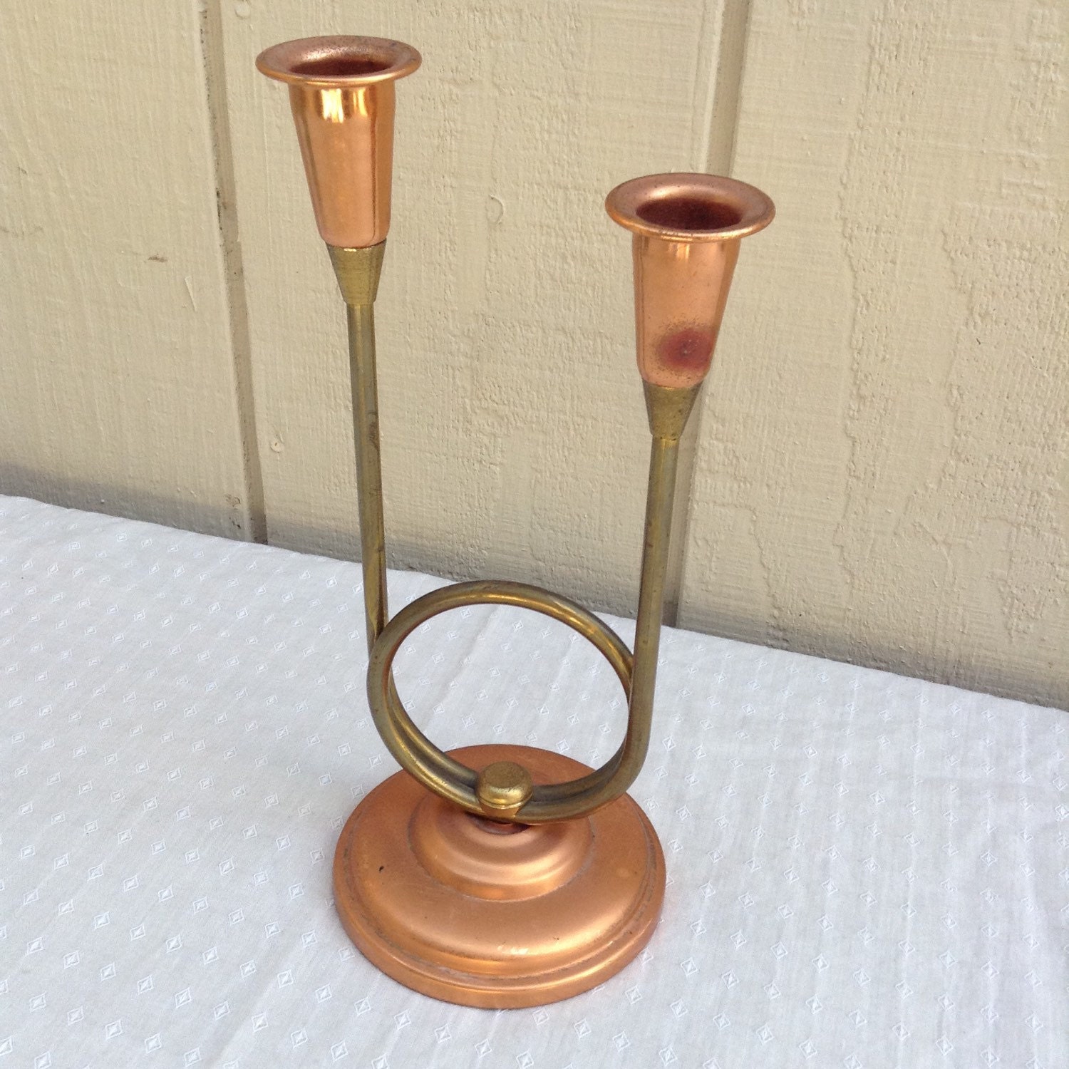 Brass And Copper Double Candlestick Holder By Thevintagerosestore 4278