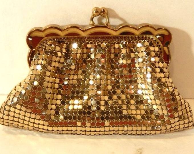 Storewide 25% Off SALE Vintage Gold Tone Metal Mesh Ladies Designer Signed Clutch Featuring Beautiful Original Silk Lining Interior With Num