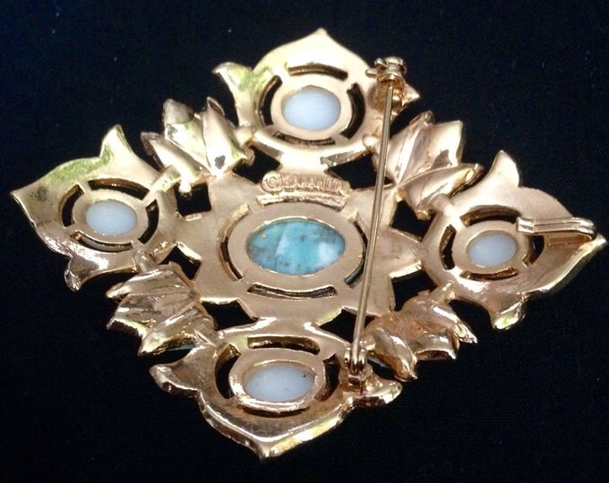 Storewide 25% Off SALE Vintage Sara Coventry Designer Signed Gold Tone Cocktail Brooch Set With Beautiful Robins Egg Opal Rhinestones And Fa