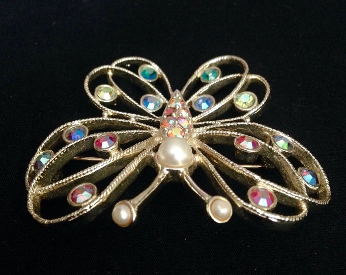 Storewide 25% Off SALE Enchanting Gold Tone Emmons Designer Signed Butterfly Cocktail Brooch Featuring Assorted Iridescent Rhinestone Accent