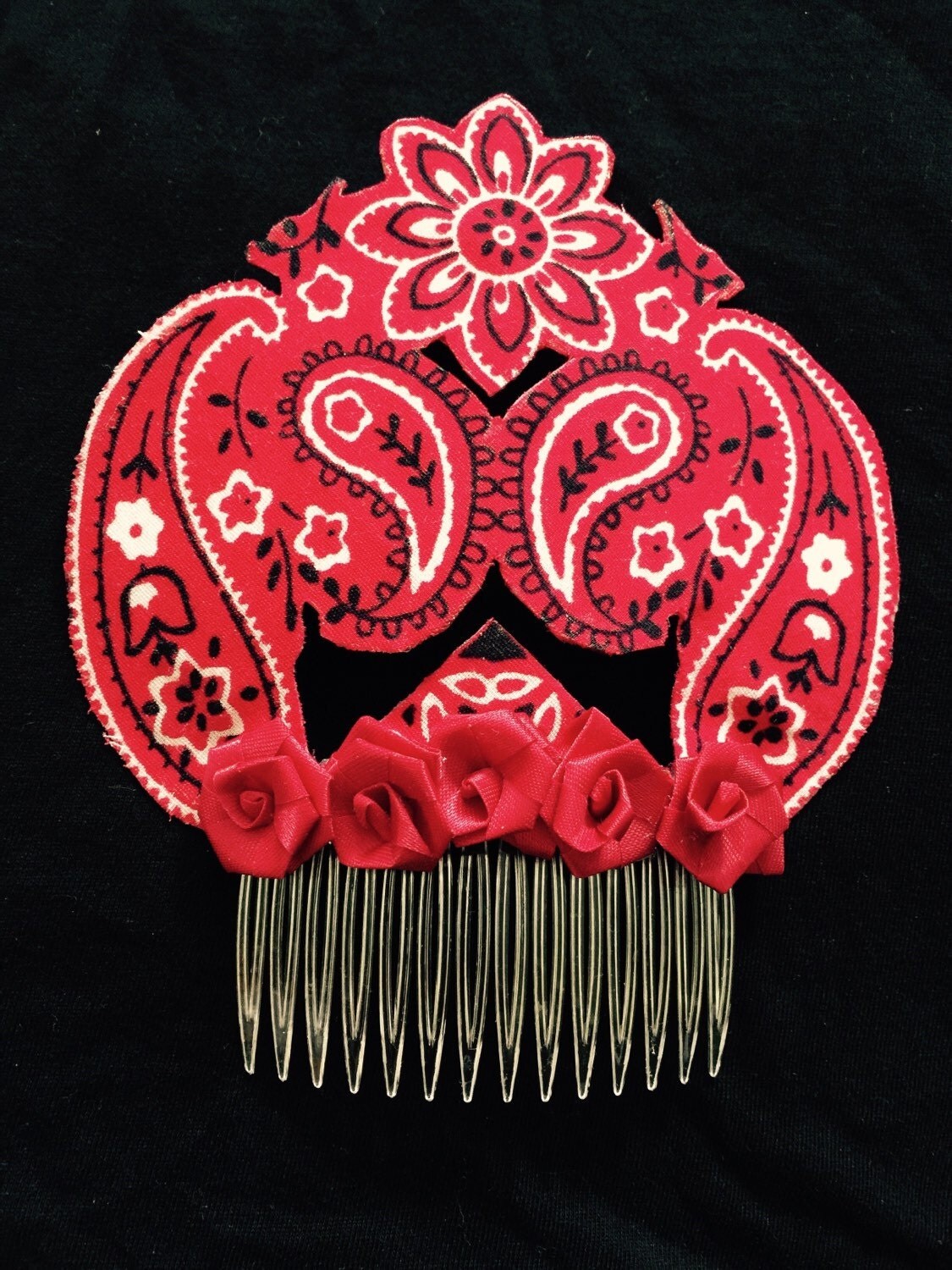 Large Bandanna decorative hair comb with rose detail