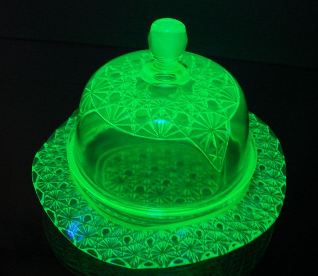 Vintage Vaseline Glass Butter Dish Antique Uranium Glass Covered Dish