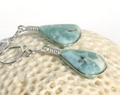 Dominican Turquoise Drop Blue Larimar Wire Wrapped Teardrop Pear Dangle Earrings, Silver, Dolphin Atlantis stone Beach Fashion Rustic Boho