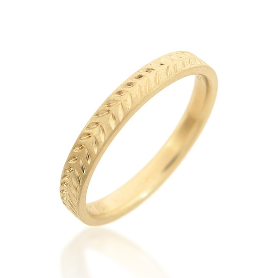 18K 14K gold ring Wheat pattern wedding band Hand engraved