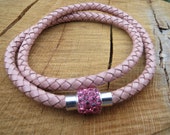 Leather Bracelet, Women Braided Leather Bracelet, Blush Pink Braided Leather Bracelet, Rhinestone Magnetic Clasp Wrap Leather Bracelet