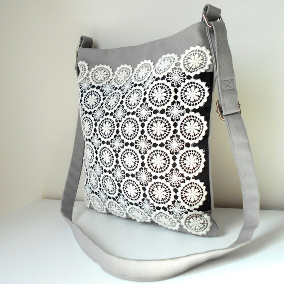 Canvas Crossbody Bag, White Lace Handbag, Grey Shoulder Bag, Black and white Bag, Grey Canvas ...