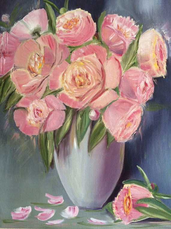 Art oil painting Peonies in a vase. Handmade