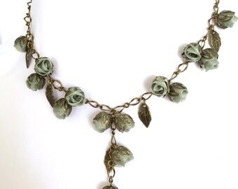 Handmade Fabric Rosebud Necklace Sage