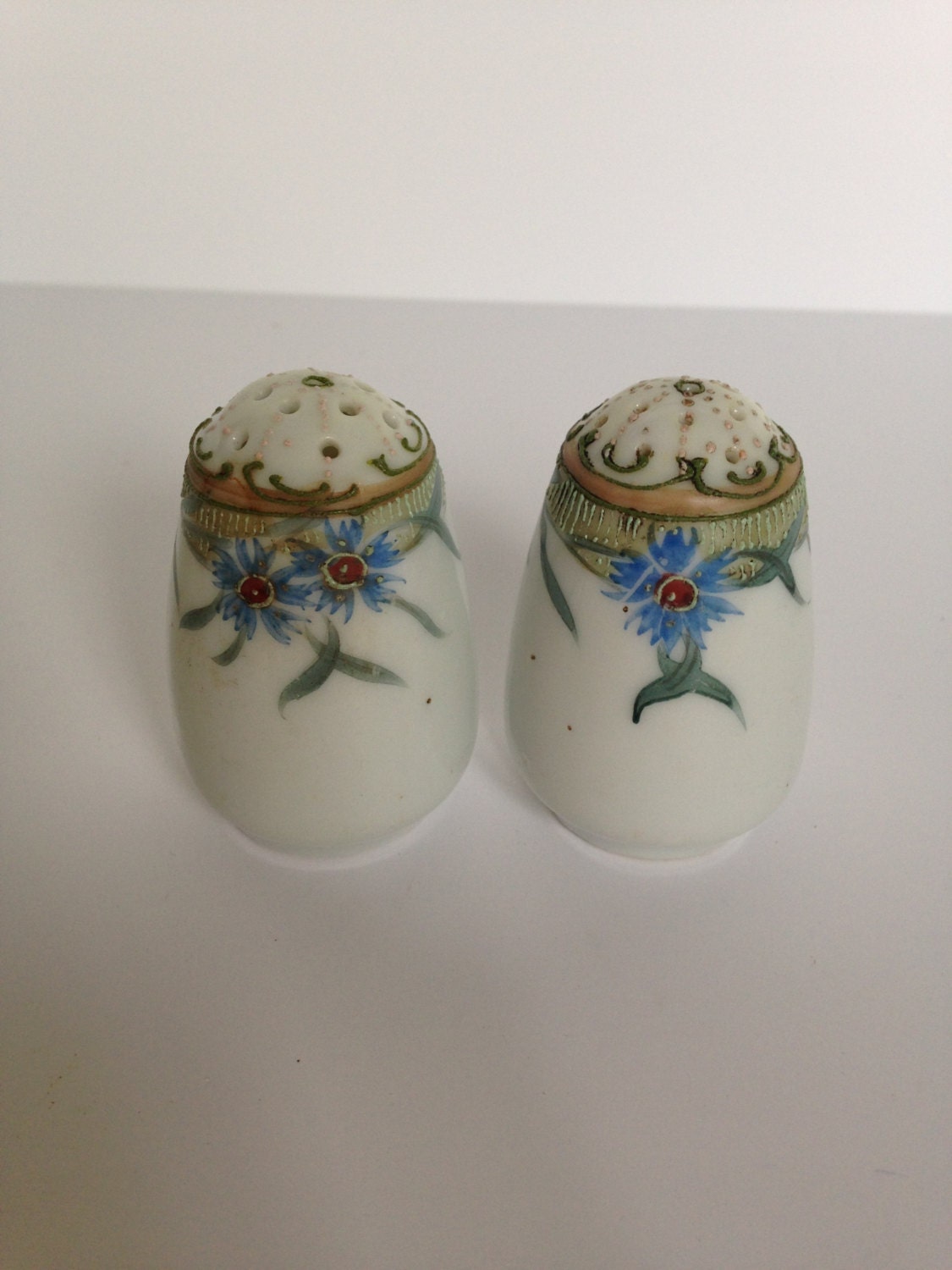 Hand Painted Nippon Salt and Pepper shakers with Blue Cosmos
