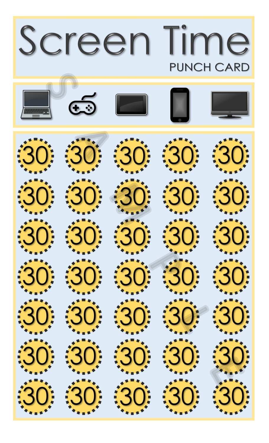 Printable Screen Time Punch Card 30 Min by DunnWithThree on Etsy