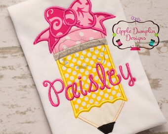 Back to School Pencil with Bow Appliqué Machine Embroidery Design, Preschool, Crayon, Apple, Cute, Girl, Monogram, 4x4, 5x5, 5x7, 6x10