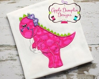 T-Rex Tyrannosaurus with Bow Appliqué Machine Embroidery Design, Dinosaur, Girl, Birthday, Birthday Party, 5x7, 6x10, 9x9