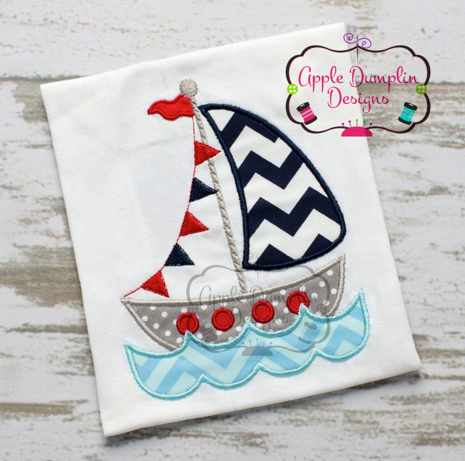 Flag Sailboat with Water Appliqué Machine Embroidery Design