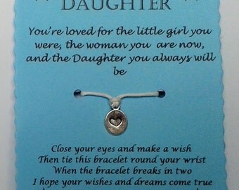 Wish Bracelet, Daughter gift, Daughter bracelet, Charm bracelet, String Wish Bracelet, Cord Wish Bracelet, Keepsake Card, Daughter card