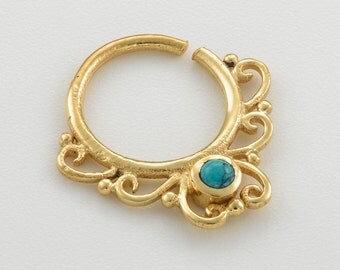 Turquoise septum ring. gold septum ring. gem septum. gold septum. septum piercing. tribal septum ring. turquoise septum. septum jewelry.