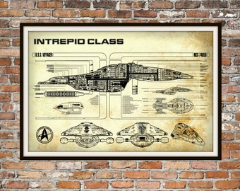 Star Trek Voyager Blueprint Art of Intrepid USS Voyager Class Technical Drawings Engineering Drawings Patent Blue Print Art Item 0100B