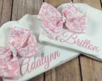 Personalized Baby Beanie Hat PINK DAMASK Monogrammed Baby Hat Embroidered Monogram Infant Girl Personalized Newborn Baby Shower Gift