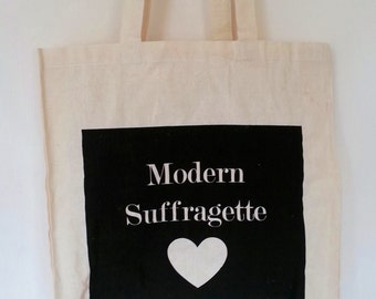 Feminist Modern Suffragette Tote Bag, Reusable Shopper Bag, Natural Cotton Tote, Shopping Bag, Political Protest Black and White Grocery Bag