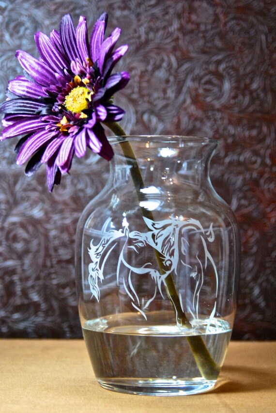 Horse Vase Glass Etched Vase Horse and Foal Etched Glass